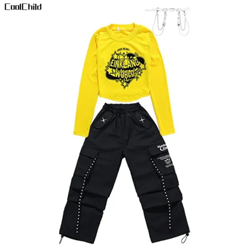 Hip Hop Kids Cool Crop Top K-pop Street Dance Cargo Pants Plaid Skirts Girls Streetwear Children Yellow Jazz Costume Clothes Set