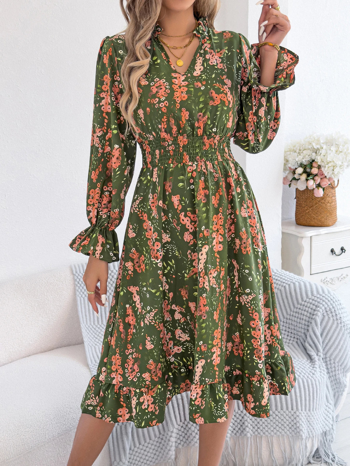 Women's Long Sleeve Ruffled A-Line Dress