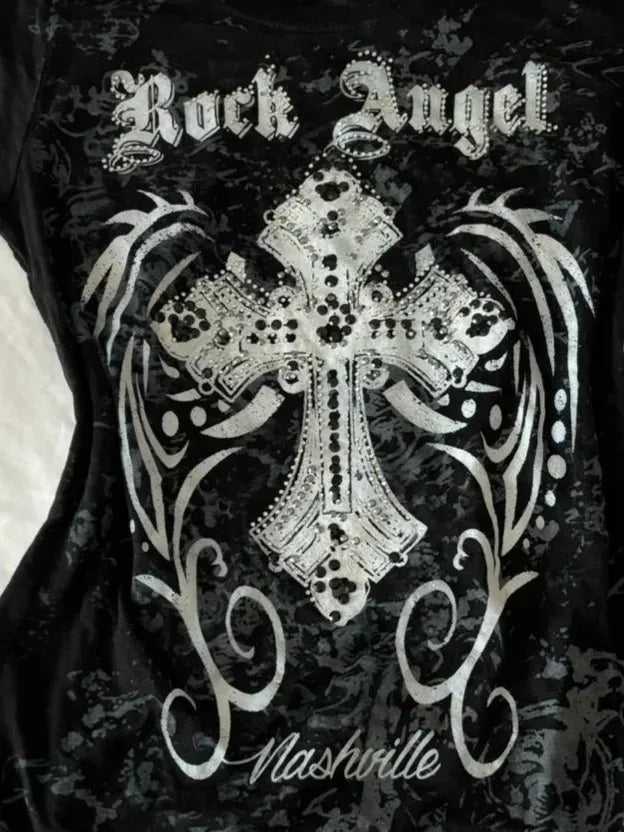 Women T-shirts y2k Clothes Slim Goth Print Streetwear Punk Cross O-Neck Harajuku Vintage 2000s Grunge Short Sleeve Tops Tees