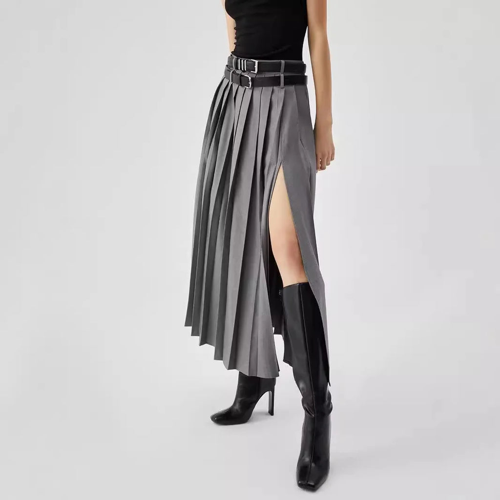 Female Clothing Skirts For Women's Gray Suit Pleated Skirt Fashionable New High Waist Slim Slit Commuting Long Skirt Y2k Clothes