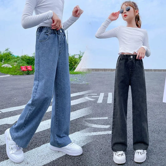 Teenage Girls Jeans 2026 Spring Autumn Casual Fashion Loose Blue Kids Leg Wide Pants School Children Trousers 6 8 10 12 Year