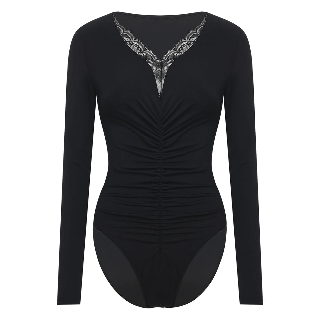 Womens Versatile Bodysuit  Bodywear Undershirt Deep V Neck with Lace Trim Front Middle Ruched Buttoned Crotch Leotard Jumpsuit