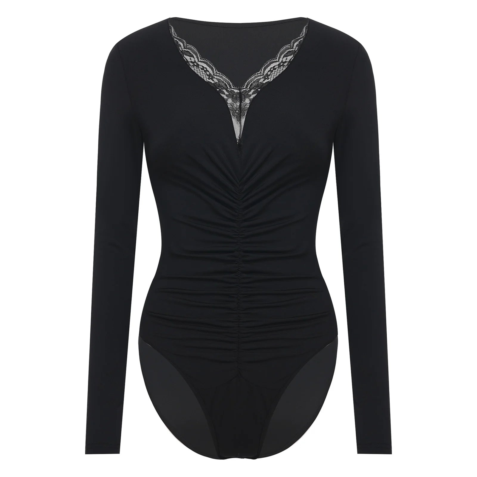 Womens Versatile Bodysuit  Bodywear Undershirt Deep V Neck with Lace Trim Front Middle Ruched Buttoned Crotch Leotard Jumpsuit