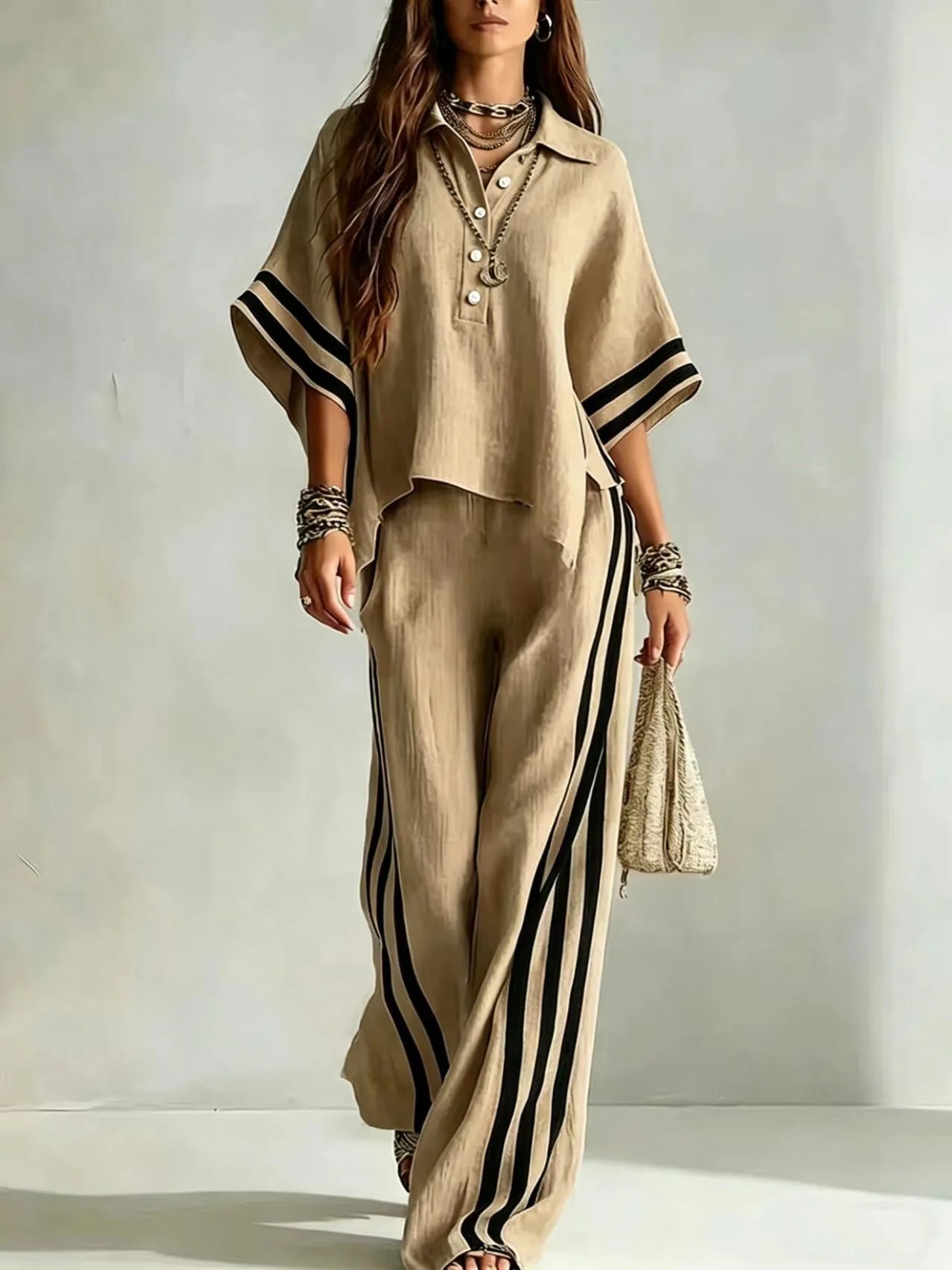 New Summer Women 2-Piece Outfit Three-quarter Sleeve Lapel T-shirt Tops + Loose Striped Pants Female Casual Boho  Matching Set