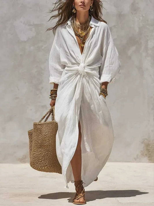 Boho White Linen Cotton Shirt Dress Long Sleeve High Waist Knot Maxi Dress Casual Loose Split Hem Summer Beach Dresses for Women