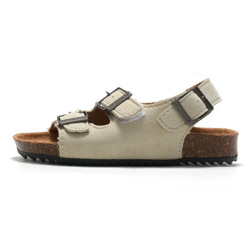 Boys Summer Soft Soled Cork Sandals Children One Line Herringbone Slippers Girl Beach Breathable Double Ring Buckle Casual Shoes