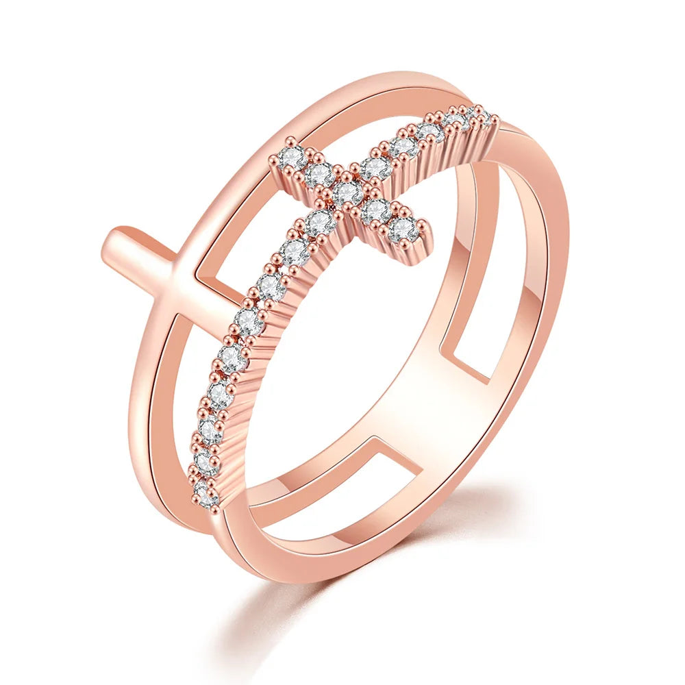Korean Fashion Cross Crystal Rings For Women Personality Micro Pave CZ Thin Ring Finger Jewelry Daily Accessories Hot Gift R715