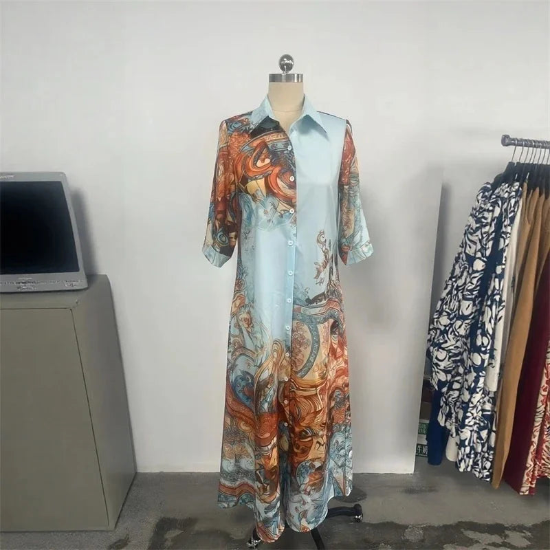 Elegant Shirt Dress For Women Chiffon Digital Print Turndown Collar Single-breasted Dresses Flowy Casual Boho Summer Clothing