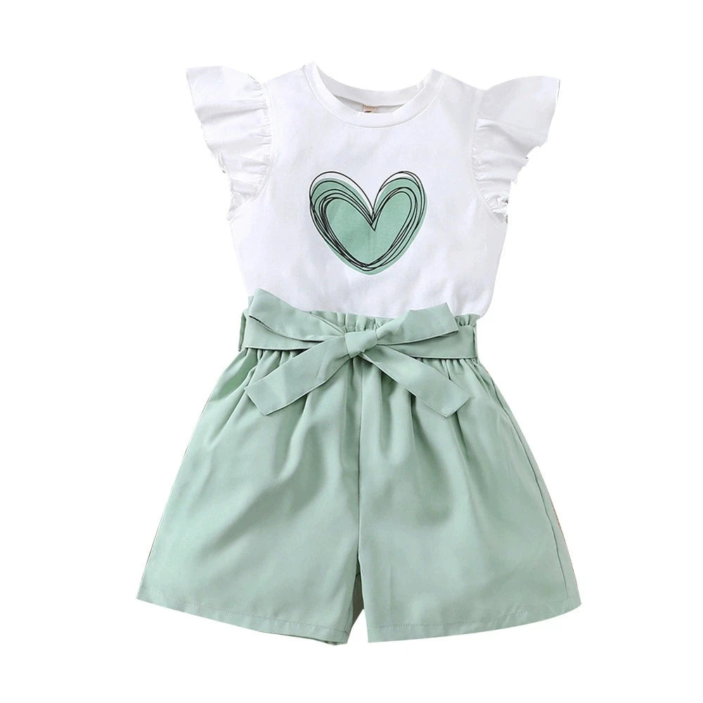 Summer Kids Girls Clothes 2pcs Set Children White T-Shirt with Green Shorts Summer Teen Girls Outfits For 8 9 10 11 12 Years