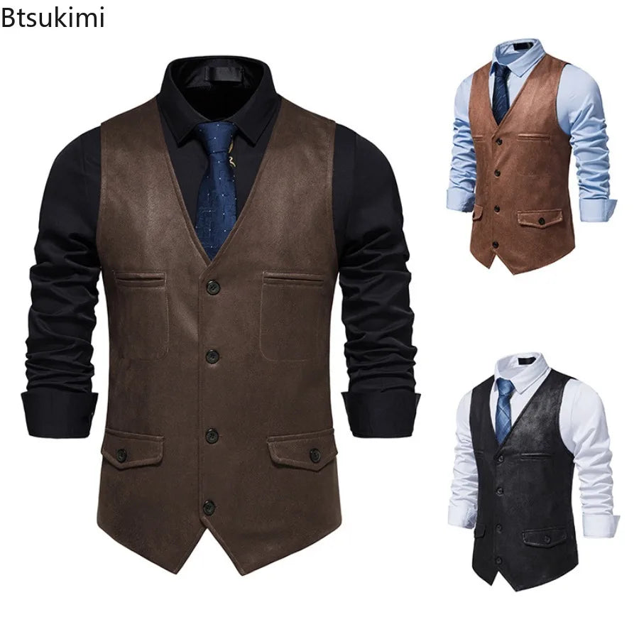 Fashion Men Clothing High Quality Suede Suit Vests Men's V Neck Sleeveless Business Formal Waistcoats Wedding Party Dress Vests