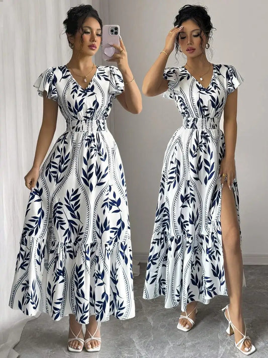 Women's Elegant Slim Fit Cap Sleeve Dress Woven Printed Shirred Elastic Waist Split Hem for Summer Daily Wear