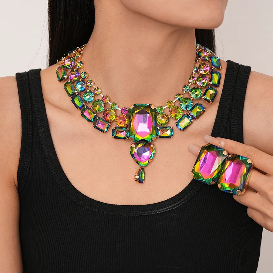 DREJEW Exaggerated Inlaid Rhinestone Heart Jewelry Set for Women Geometric Personality Earring European and American Necklace