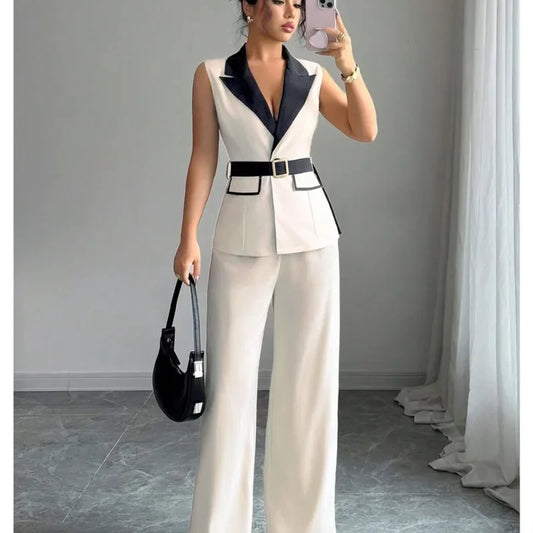 Women's Office Lady Ensemble Outfit Autumn Sleeveless Straight Leg Pants Set Classy Bandeau Elegant Style Top And Vest 2 Set