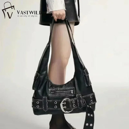 Belt buckle Women Luxury Designer Handbag And Purses PU Rivet Multiple Pockets Y2K Large Capacity Shoulder bags big totes