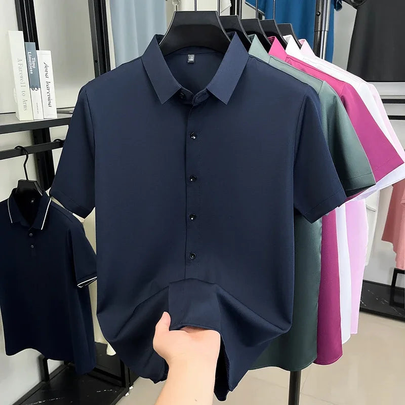 Mens Formal Short Sleeve Shirt Wrinkle Resistant Breathable Tops Slim Fit Button Up Shirts For Men Business Daily Wear Outfits