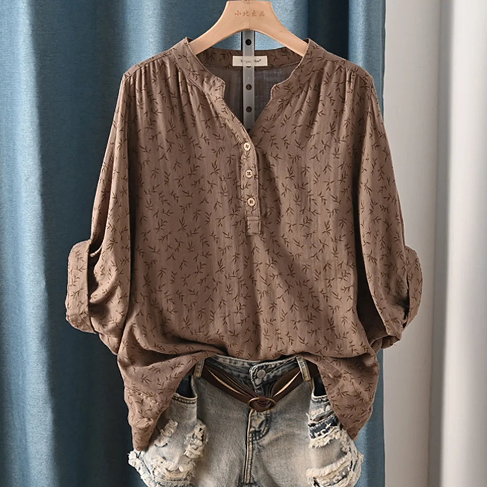 New Spring 100% Cotton Casual Shirt Women Batwing Sleeve Stand Collar Printed Top Girl OL Loose Blouses 2024 Summer T447104QM