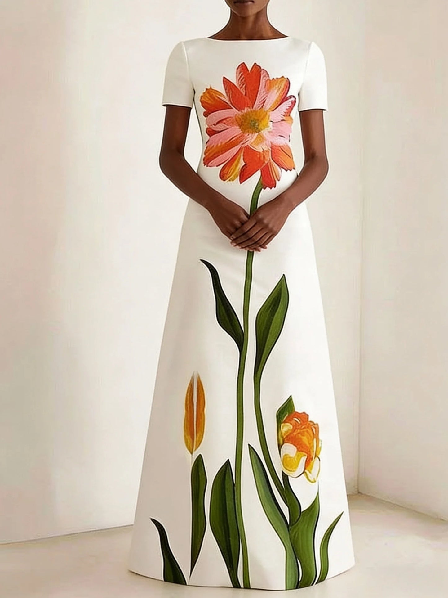 Women's Summer Clothing, New Style, Artistic Print, Round Neck, Short-Sleeved, Long Dress, Retro Slim-Fit Long Dress, Fashionable and Elegant, Suitable for Daily Commuting, Dating, Weddings, Banquets, Graduation Ceremonies