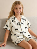 Little girl's summer home clothes, girls bow-tie cardigan button short-sleeved top shorts, suitable for casual wear at home
