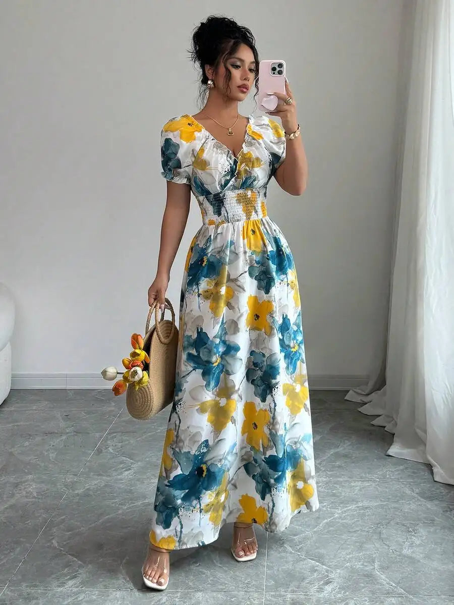 2026 Summer Women Slim Shirred Maxi Dress, V Neck Big Floral Print Long Dress, Yellow And Blue Flower Ladies Dress