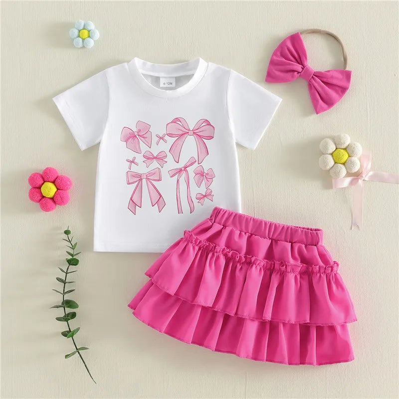 1-4years Infant Girl Summer Outfits Bow Print T-Shirt Riffled Skirt Bow 3 Pcs clothes Set for toddler girls