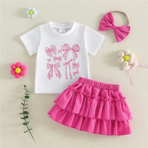 1-4years Infant Girl Summer Outfits Bow Print T-Shirt Riffled Skirt Bow 3 Pcs clothes Set for toddler girls
