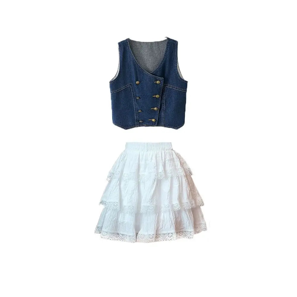 Fashion Cowboy Vest Girls Sweet Clothes Set Lace Children Vest Cake Skirt Set Clothing Loose Teens Two Pieces Suit Spring Summer