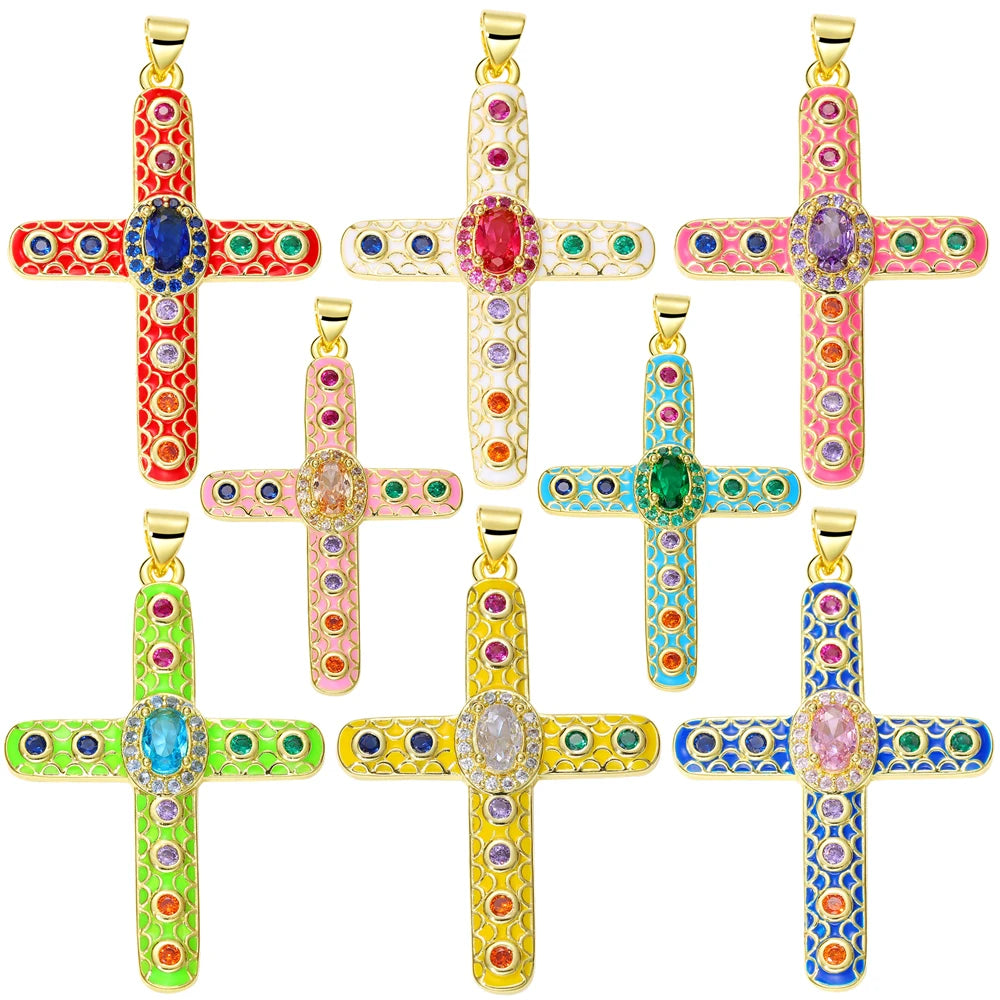 Juya 18K Real Gold Plated Handmade Decoration Cubic Zirconia Enamel Cross Pendant Necklace For Women Christian Jewelry Supplies