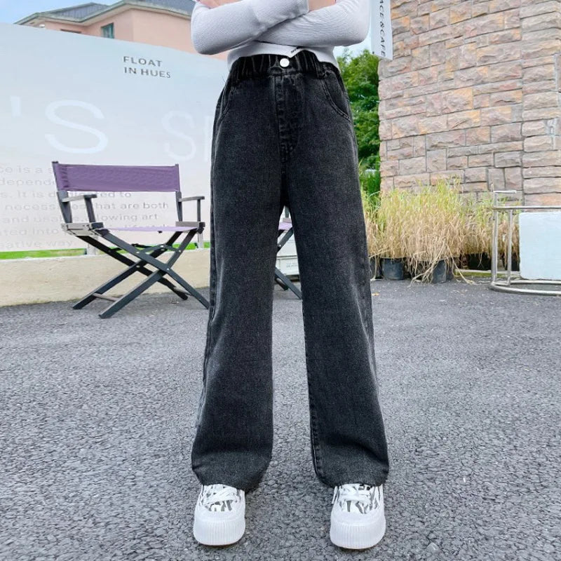 Teenage Girls Jeans 2026 Spring Autumn Casual Fashion Loose Blue Kids Leg Wide Pants School Children Trousers 6 8 10 12 Year