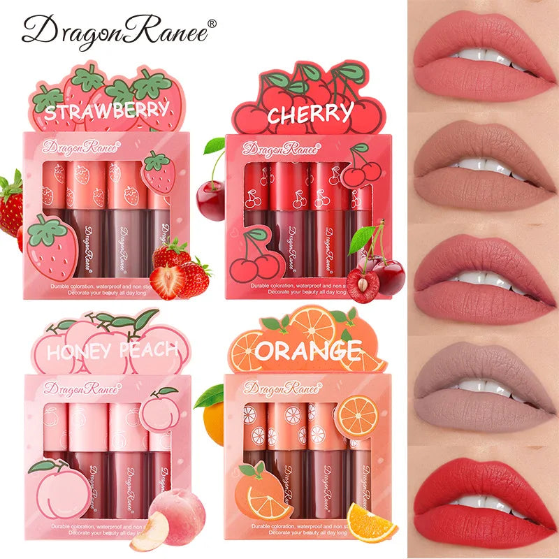 Mini Velvet Matte Lip Gloss Set, 3pc/4pcs Non-Fading, Non-Stick Cup, Long-Lasting Fruit Scented Lip Tint, Smooth and Lightweight