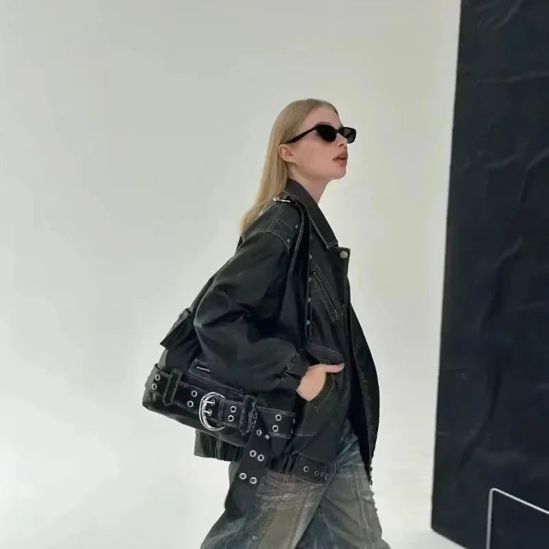 Belt buckle Women Luxury Designer Handbag And Purses PU Rivet Multiple Pockets Y2K Large Capacity Shoulder bags big totes