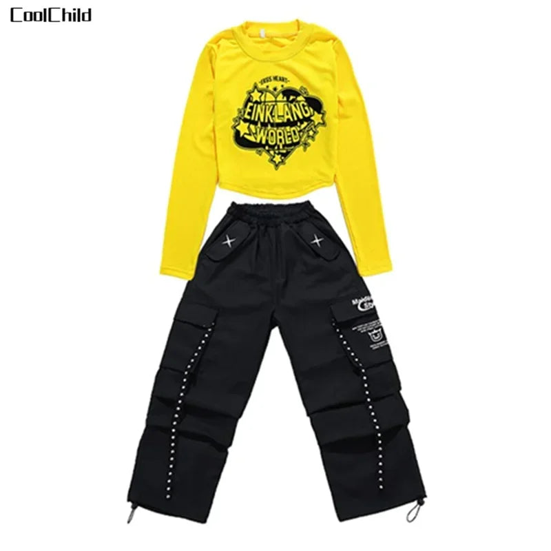 Hip Hop Kids Cool Crop Top K-pop Street Dance Cargo Pants Plaid Skirts Girls Streetwear Children Yellow Jazz Costume Clothes Set