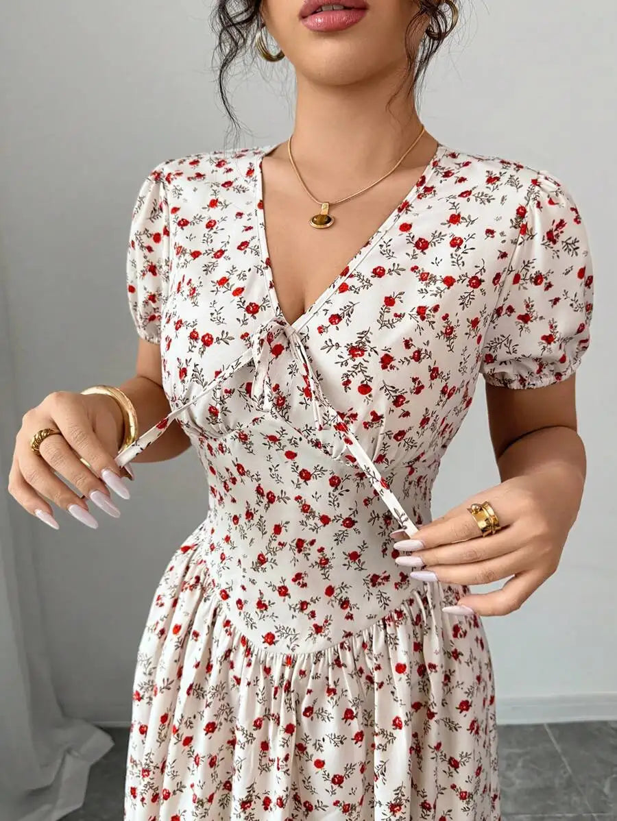 Elegant Women Summer Ditsy Floral Maxi Dress, Elastic Waist Puff Sleeve Beige Pastoral Long Dress, Casual Commute Music Festival