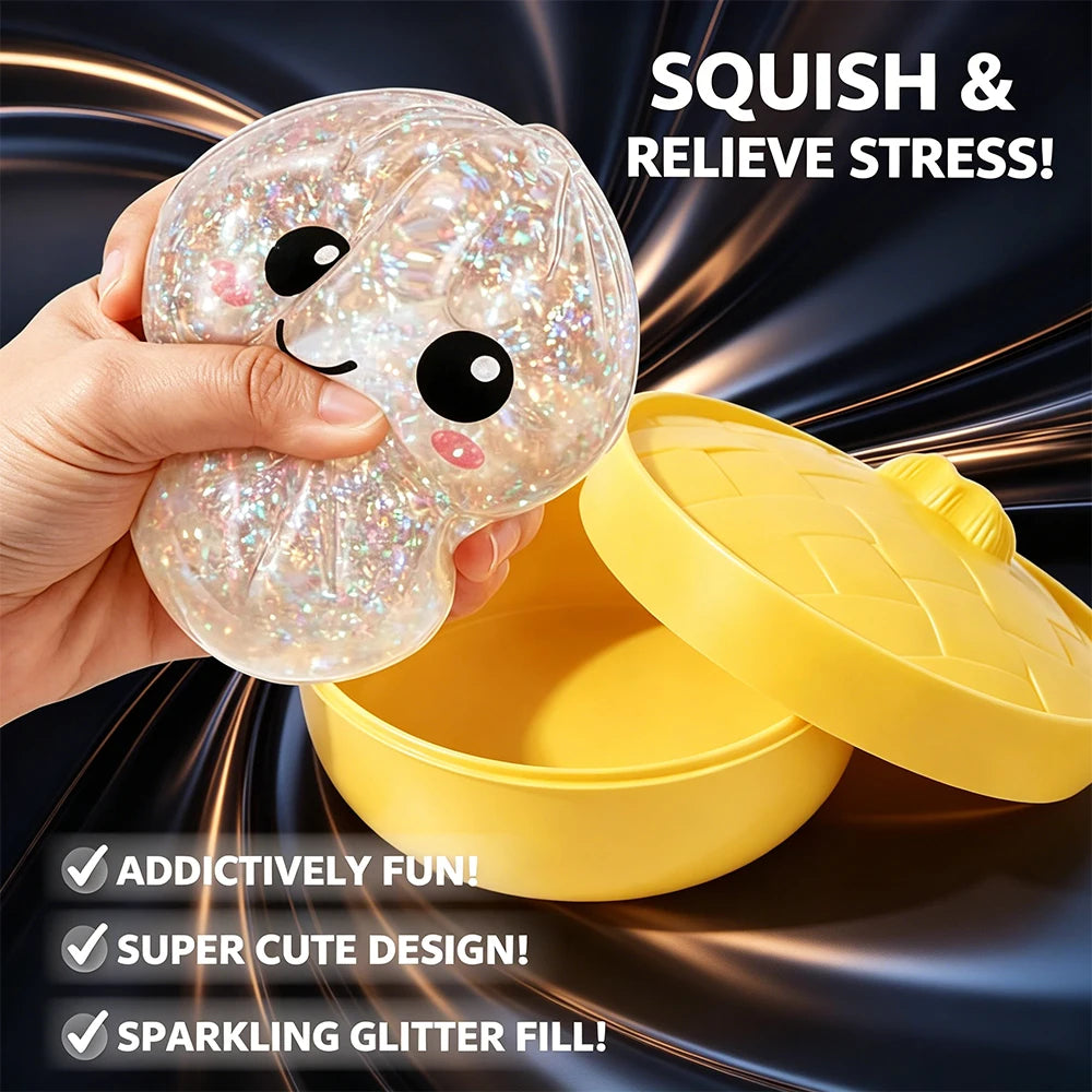 Squishy Bun Stress Relief Toy, Cute Glitter Steamed Bun Squeeze Toy, Slow Rebound Anti-Stress Fidget Toy for Kids Adults