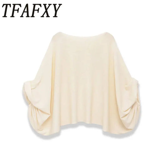 TFAFXY 2026 Spring Casual Women Knit Solid Long Sleeve Chic Beige Bat Sleeve Loose Fashion Sweater