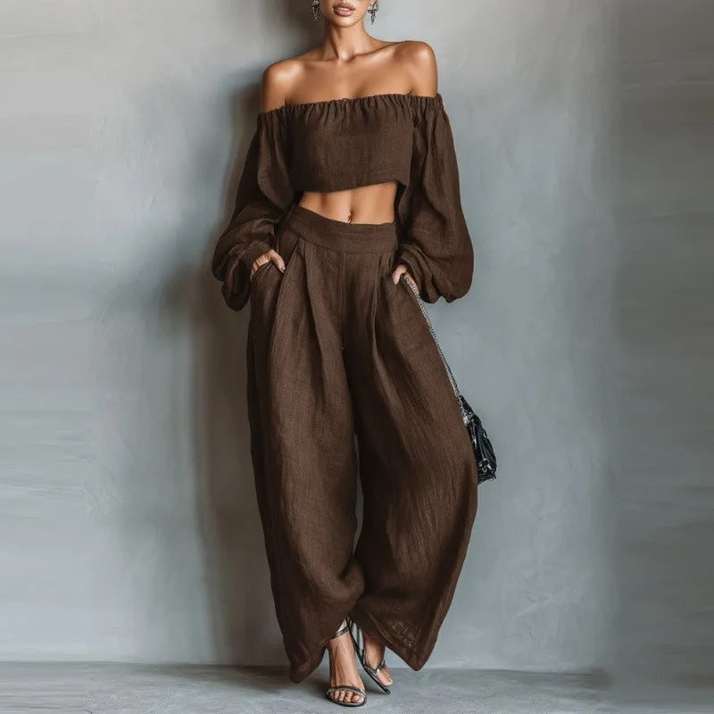 Women Outfit Off 2 Piece Shoulder Long Sleeve Top High Waisted Loose Wide Leg Pants Casual Pants Sets Fashion Commuting Outfits