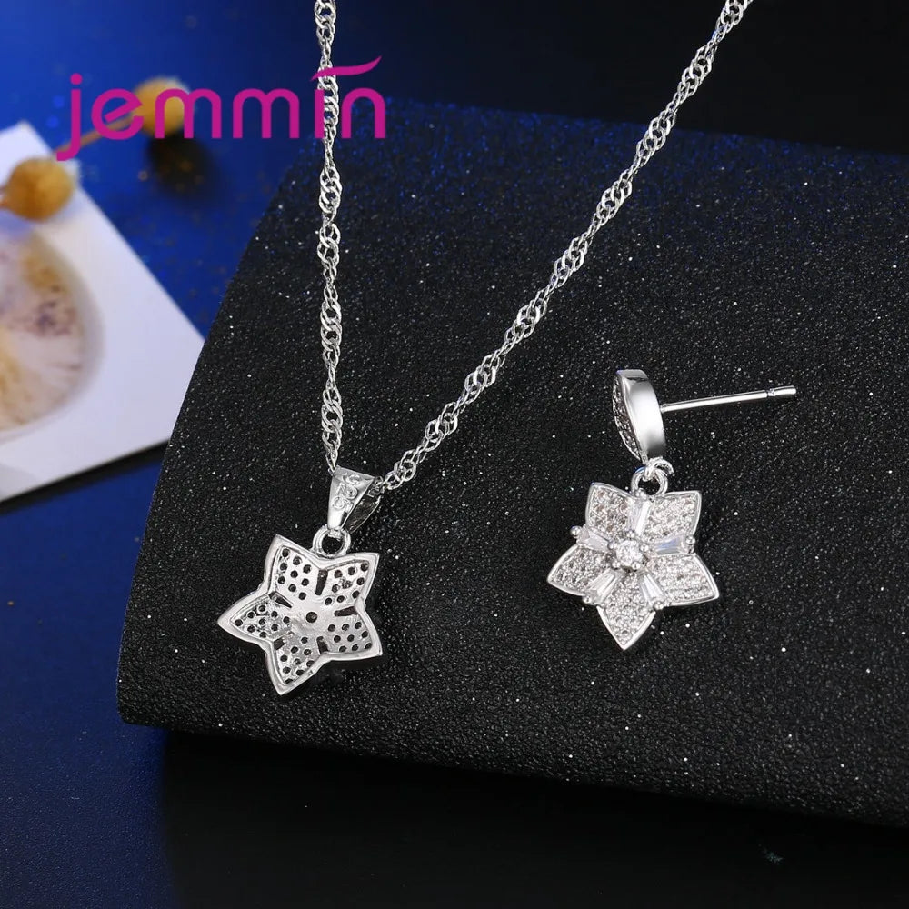 Elegant Genuine 925 Sterling Silver Shinning Crystal Flower Shape Wedding Jewelry Sets Earrings Necklace Sets Bridal Accessories