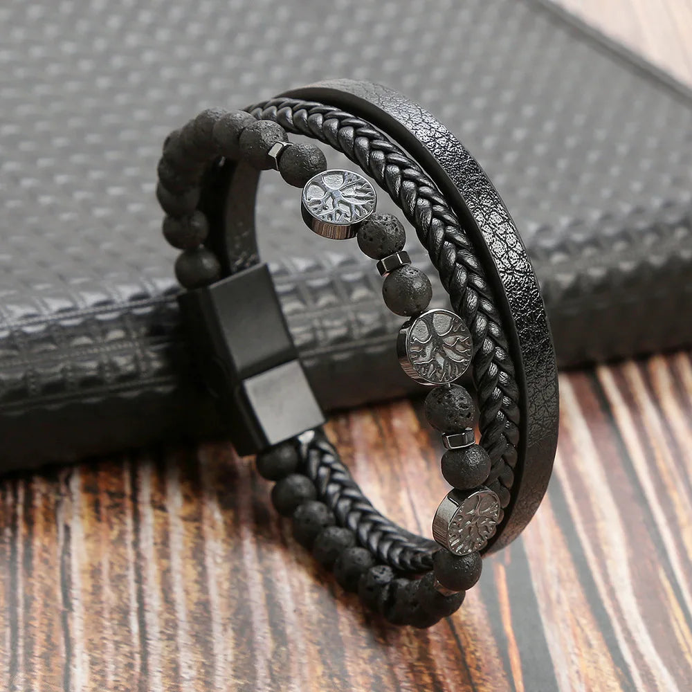 Classic 4-Layer Tiger Eye Stone Hand-Woven Leather Bracelets For Men Punk Fashion Alloy Magnetic Buckle Casual Bracelet Jewelry