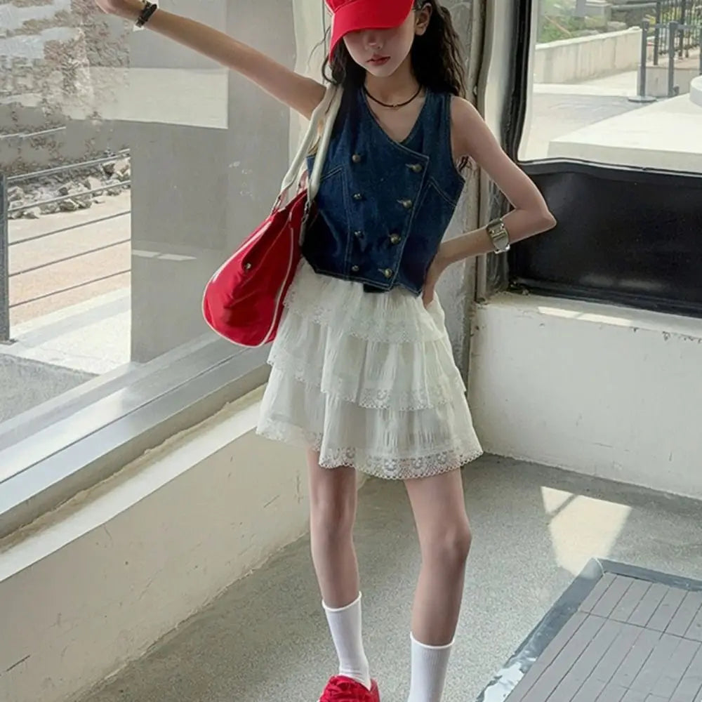 Fashion Cowboy Vest Girls Sweet Clothes Set Lace Children Vest Cake Skirt Set Clothing Loose Teens Two Pieces Suit Spring Summer