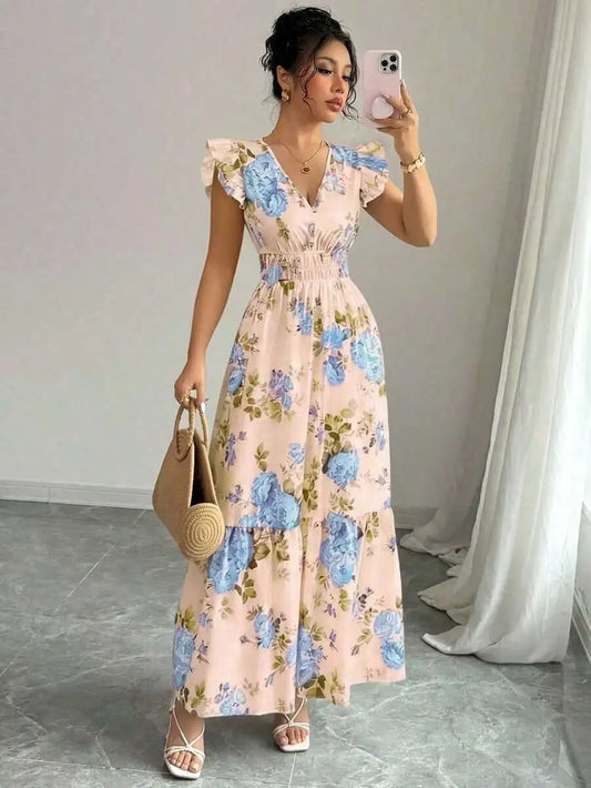 Women Blue White Striped A-Line Dress, V-Neck Leaf Edge Fitted Spring Summer Dress For Daily Commute Date Wedding Dinner Graduat