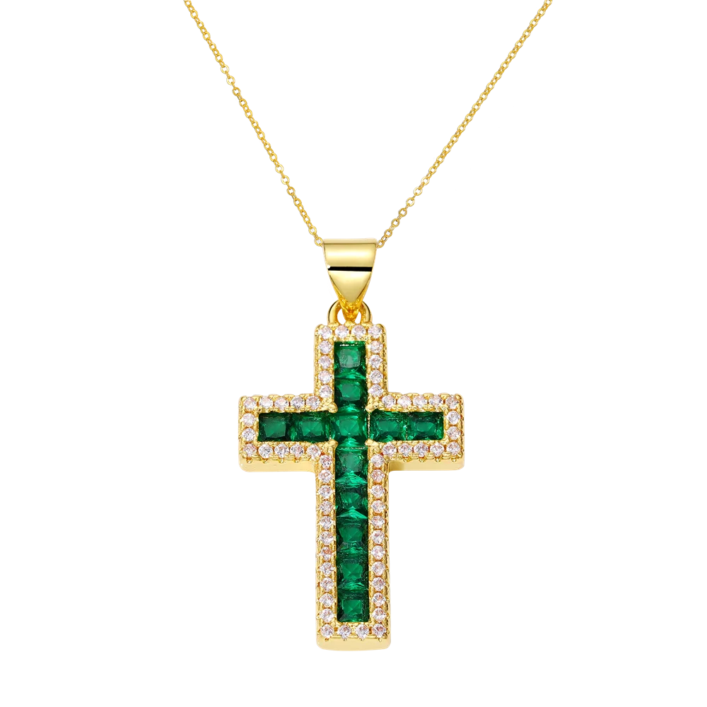 Juya 18K Real Gold Plated Handmade Decoration Cubic Zirconia Enamel Cross Pendant Necklace For Women Christian Jewelry Supplies