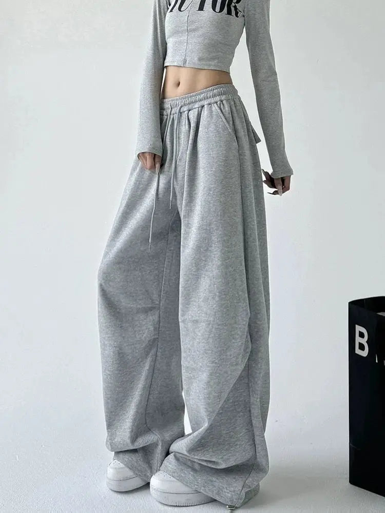 2025 New Harajuku Wide Leg Sweatpants Women Streetwear Baggy Oversize Gray Sports Pants Woman Drawstring Casual Joggers Trousers