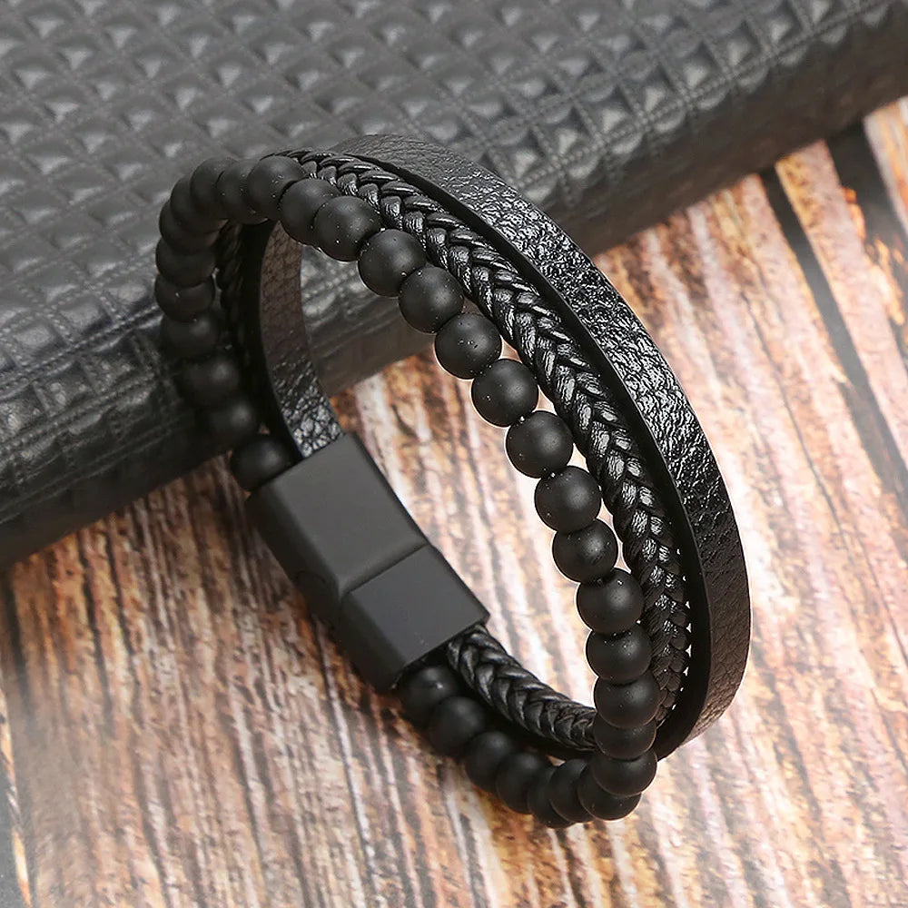 Classic 4-Layer Tiger Eye Stone Hand-Woven Leather Bracelets For Men Punk Fashion Alloy Magnetic Buckle Casual Bracelet Jewelry