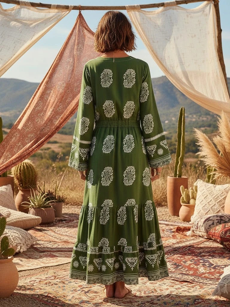 Vintage Chic Women Green Wild Floral Long Sleeve Tassel Beach Bohemian Dress Ladies Deep V-neck Autumn Boho Maxi Dress Vestidos