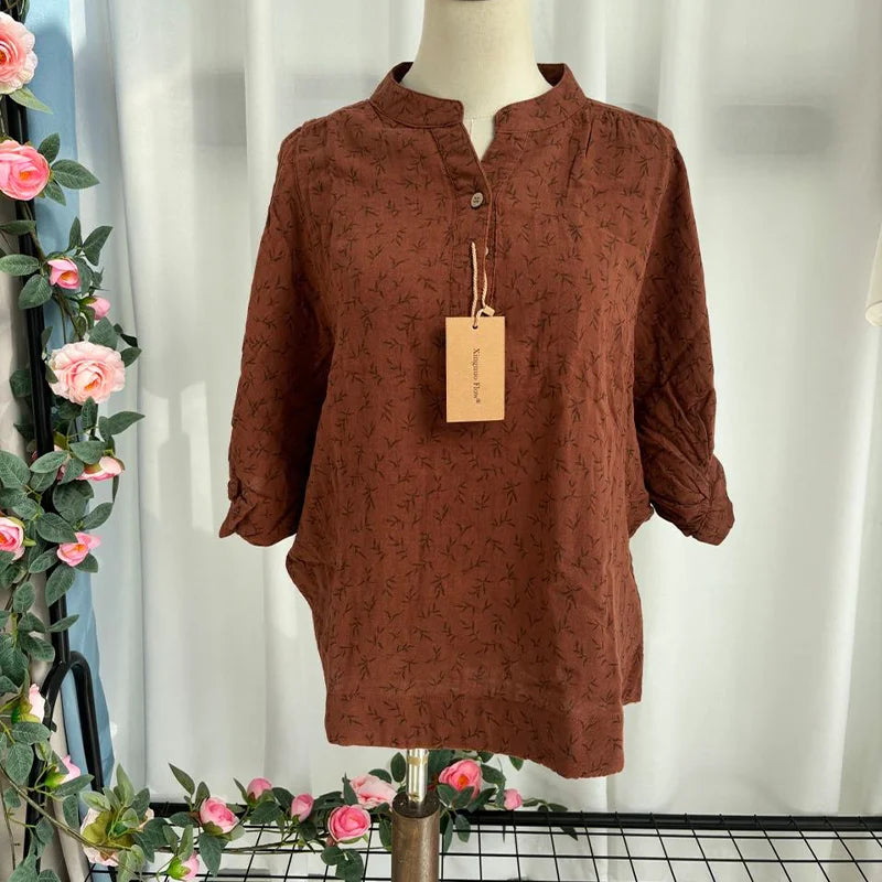 New Spring 100% Cotton Casual Shirt Women Batwing Sleeve Stand Collar Printed Top Girl OL Loose Blouses 2024 Summer T447104QM