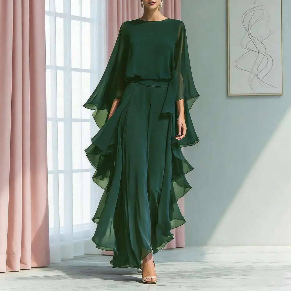 Women Suit Women Two-piece Suit Summer Outfit Loose Fit Ruffle Bell Sleeve Shirt Wide Leg Pants Women Two-piece Suit