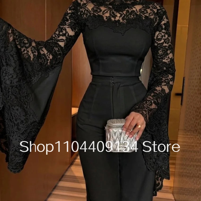 White Lace Trousers Formal Evening Gown Elegant Gowns Bell-Sleeves and Straight Trousers Arabic Prom Dress Customized vestido