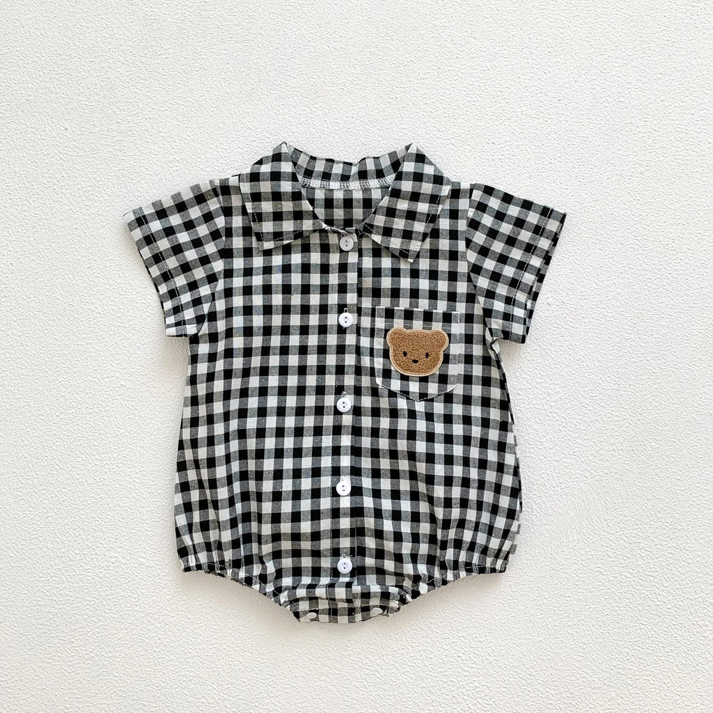 Baby Summer Clothes Boys Checked Bear Embroidered Shirt Collar Short-Sleeved Jumpsuit Children's Clothing