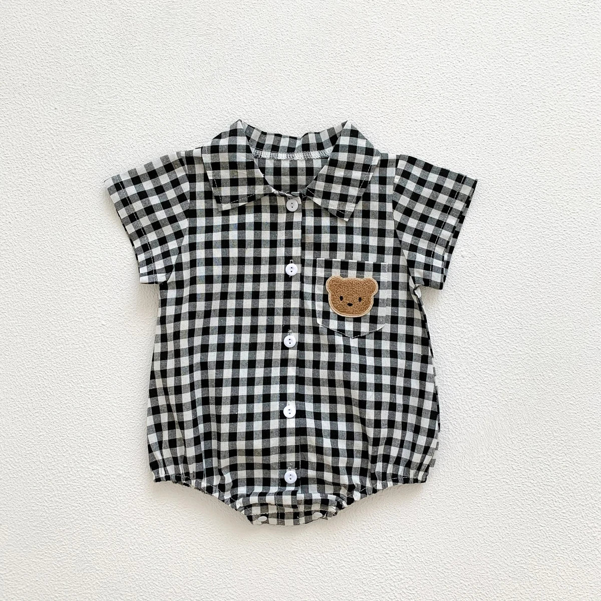 Baby Summer Clothes Boys Checked Bear Embroidered Shirt Collar Short-Sleeved Jumpsuit Children's Clothing