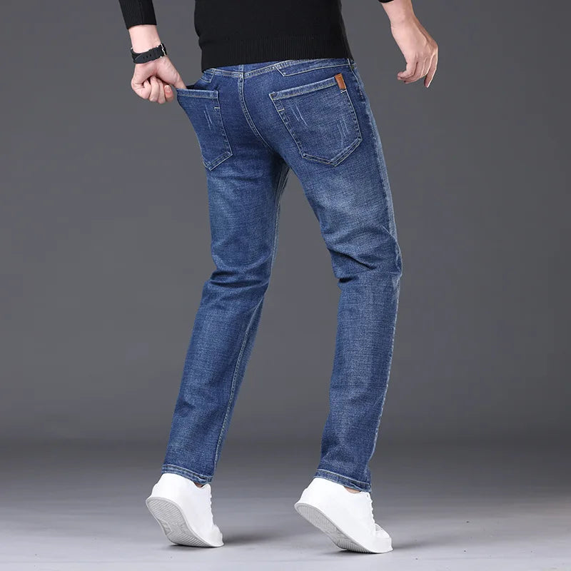 New Men Comfortable Soft Business Fashion Straight Casual Denim Trousers Male Brand Clothing Light Luxury Stretch Slim Fit Pants