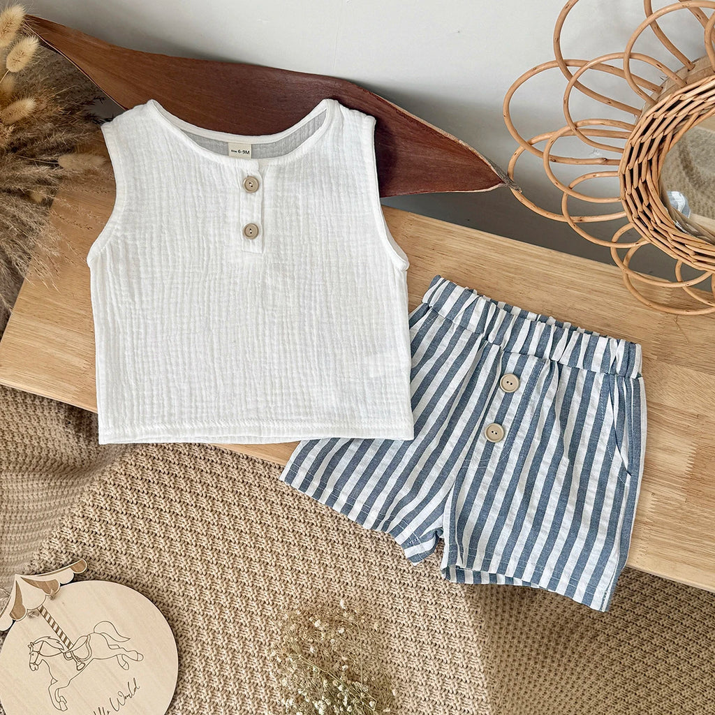 Summer baby clothes  solid color boys striped sleeveless T-shirt Stripe shorts set breathable girls vest  shorts set 0-3Y